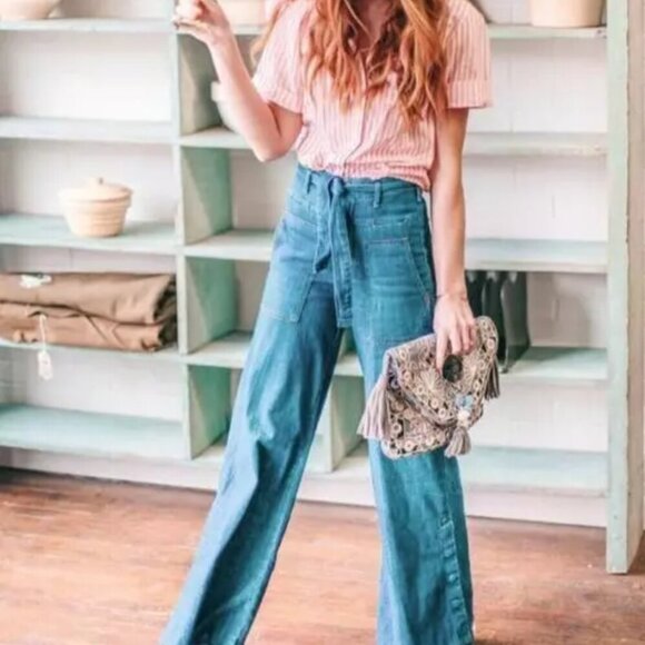 Anthropologie Striped Blouse Womens Large Red White Short Sleeve Cotton Belted - Picture 7 of 7